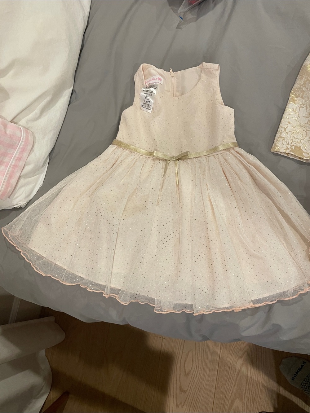 Bonnie Jean Pale Tulle Party Dress with Gold Waist Ribbon and golden cape